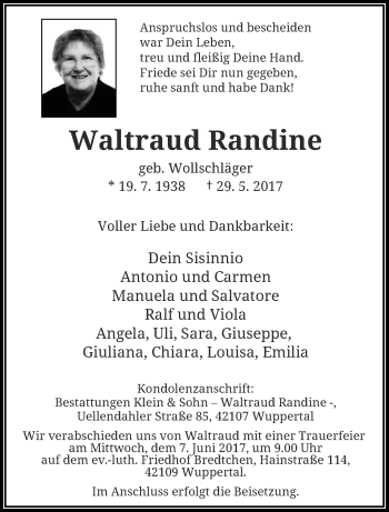 Traueranzeige von Waltraud Randine von trauer.wuppertaler-rundschau.de
