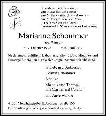 Traueranzeige von Marianne Schommer von trauer.extra-tipp-moenchengladbach.de