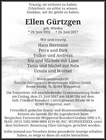 Traueranzeige von Ellen Gürtzgen von trauer.wuppertaler-rundschau.de