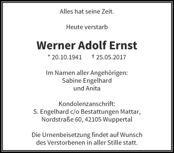 Traueranzeige von Werner Adolf Ernst von trauer.wuppertaler-rundschau.de