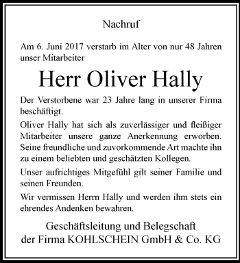 Traueranzeige von Oliver Hally von trauer.extra-tipp-moenchengladbach.de