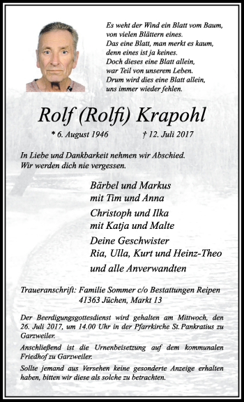 Traueranzeige von Rolf  Krapohl von trauer.stadt-kurier.de