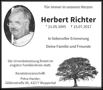 Traueranzeige von Herbert Richter von trauer.wuppertaler-rundschau.de