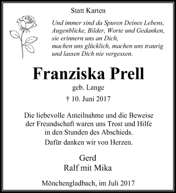 Traueranzeige von Franziska Prell von trauer.extra-tipp-moenchengladbach.de