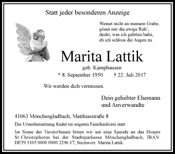 Traueranzeige von Marita Lattik von trauer.extra-tipp-moenchengladbach.de
