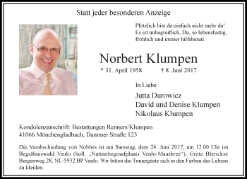 Traueranzeige von Norbert Klumpen von trauer.extra-tipp-moenchengladbach.de