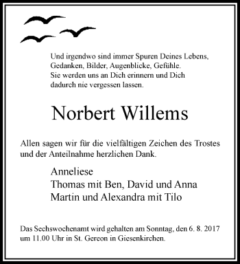 Traueranzeige von Norbert Willems von trauer.extra-tipp-moenchengladbach.de