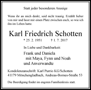Traueranzeige von Karl Friedrich Schotten von trauer.extra-tipp-moenchengladbach.de