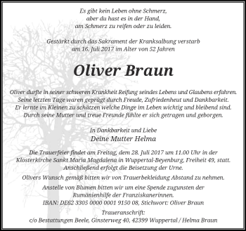 Traueranzeige von Oliver Braun von trauer.wuppertaler-rundschau.de