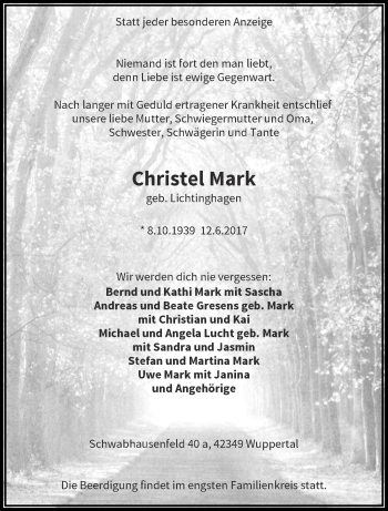 Traueranzeige von Christel Mark von trauer.wuppertaler-rundschau.de