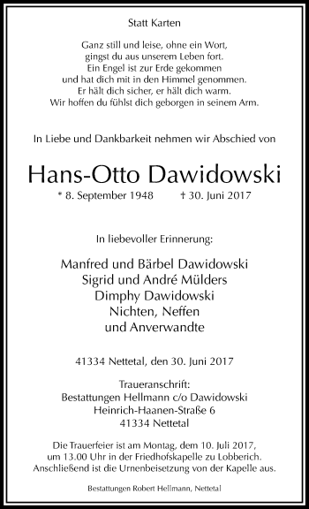Traueranzeige von Hans-Otto Dawidowski von trauer.extra-tipp-moenchengladbach.de