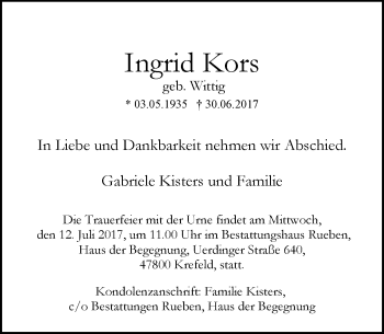 Traueranzeige von Ingrid Kors von trauer.mein.krefeld.de
