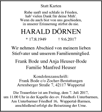 Traueranzeige von Harald Dörnen von trauer.wuppertaler-rundschau.de