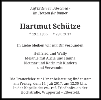 Traueranzeige von Hartmut Schütze von trauer.wuppertaler-rundschau.de