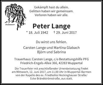 Traueranzeige von Peter Lange von trauer.wuppertaler-rundschau.de