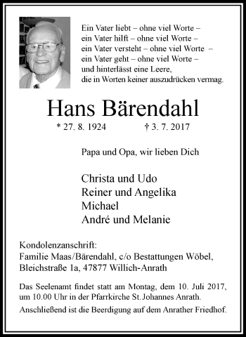 Traueranzeige von Hans Bärendahl von trauer.extra-tipp-moenchengladbach.de