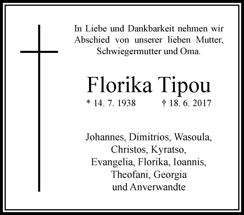  Traueranzeige für Florika Tipou vom 16.07.2017 aus trauer.extra-tipp-moenchengladbach.de