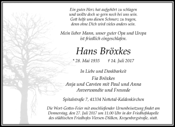 Traueranzeige von Hans Bröxkes von trauer.extra-tipp-moenchengladbach.de