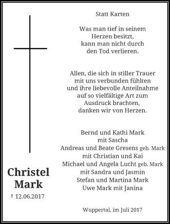 Traueranzeige von Christel Mark von trauer.wuppertaler-rundschau.de