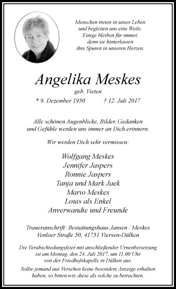 Traueranzeige von Angelika Meskes von trauer.extra-tipp-moenchengladbach.de