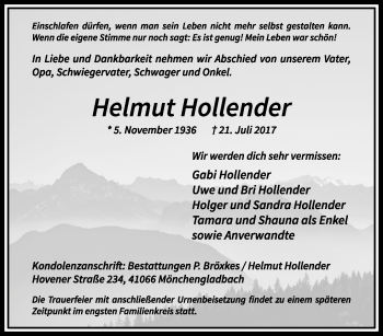 Traueranzeige von Helmut Hollender von trauer.extra-tipp-moenchengladbach.de