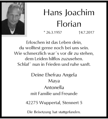 Traueranzeige von Hans Joachim Florian von trauer.wuppertaler-rundschau.de