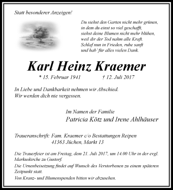 Traueranzeige von Karl Heinz Kraemer von trauer.stadt-kurier.de