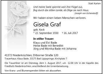 Traueranzeige von Gisela Graf von trauer.extra-tipp-moenchengladbach.de