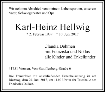 Traueranzeige von Karl-Heinz Hellwig von trauer.extra-tipp-moenchengladbach.de