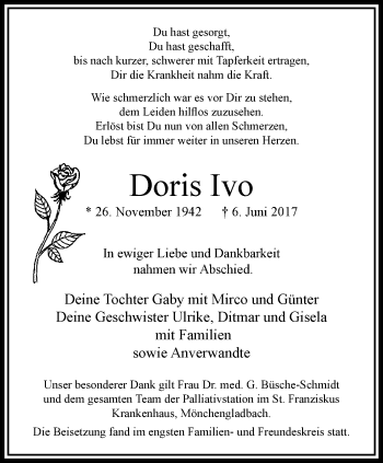 Traueranzeige von Doris Ivo von trauer.extra-tipp-moenchengladbach.de