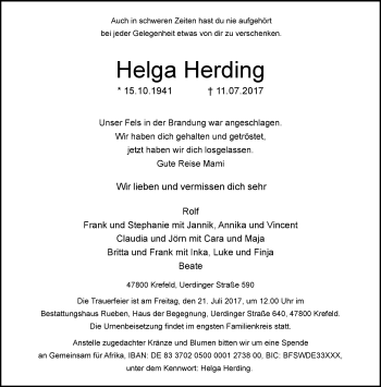 Traueranzeige von Helga  Herding von trauer.mein.krefeld.de