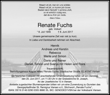 Traueranzeige von Renate Fuchs von trauer.extra-tipp-moenchengladbach.de