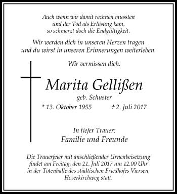 Traueranzeige von Marita Gellißen von trauer.extra-tipp-moenchengladbach.de