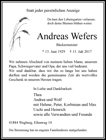 Traueranzeige von Andreas Wefers von trauer.extra-tipp-moenchengladbach.de