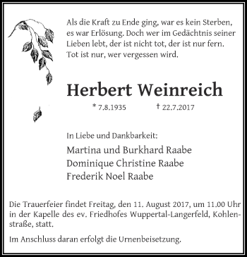 Traueranzeige von Herbert Weinreich von trauer.wuppertaler-rundschau.de