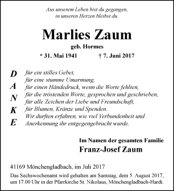 Traueranzeige von Marlies Zaum von trauer.extra-tipp-moenchengladbach.de