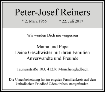 Traueranzeige von Peter-Josef Reiners von trauer.extra-tipp-moenchengladbach.de