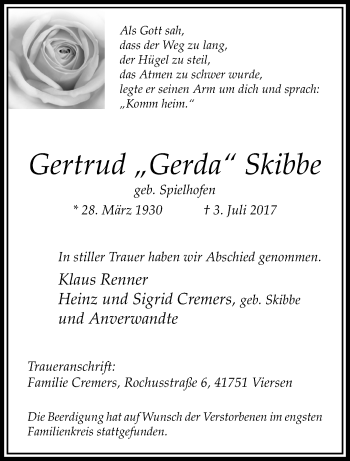Traueranzeige von Gertrud  Skibbe von trauer.extra-tipp-moenchengladbach.de