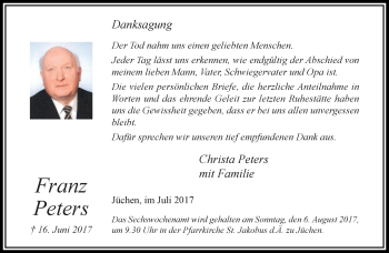 Traueranzeige von Franz Peters von trauer.stadt-kurier.de