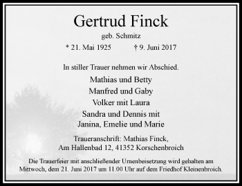 Traueranzeige von Gertrud Finck von trauer.extra-tipp-moenchengladbach.de