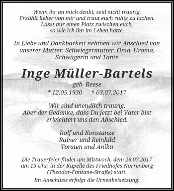 Traueranzeige von Inge Müller-Bartels von trauer.wuppertaler-rundschau.de