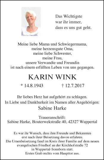 Traueranzeige von Karin Wink von trauer.wuppertaler-rundschau.de