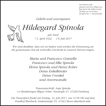 Traueranzeige von Hildegard Spinola von trauer.stadt-panorame.de