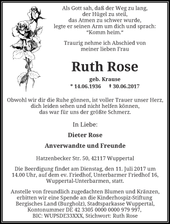 Traueranzeige von Ruth Rose von trauer.wuppertaler-rundschau.de