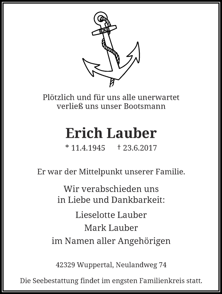  Traueranzeige für Erich Lauber vom 08.07.2017 aus trauer.wuppertaler-rundschau.de