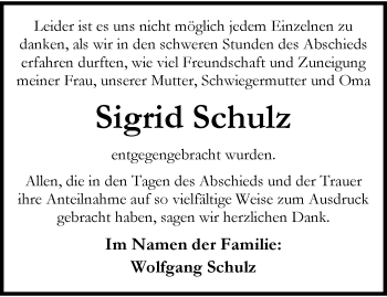 Traueranzeige von Sigrid Schulz von trauer.wuppertaler-rundschau.de