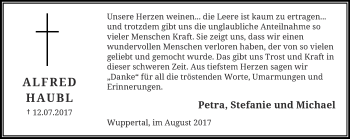 Traueranzeige von Alfred Haubl von trauer.wuppertaler-rundschau.de