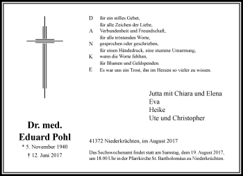 Traueranzeige von Eduard Pohl von trauer.extra-tipp-moenchengladbach.de