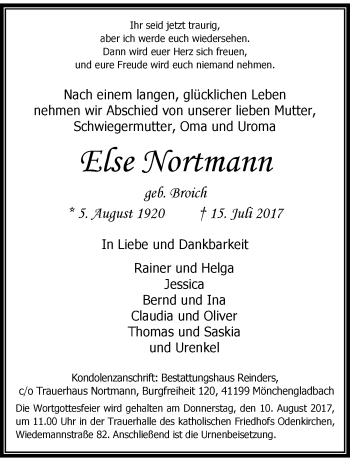 Traueranzeige von Else Nortmann von trauer.extra-tipp-moenchengladbach.de