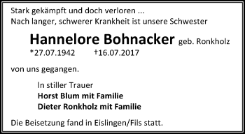 Traueranzeige von Hannelore Bohnacker von trauer.mein.krefeld.de